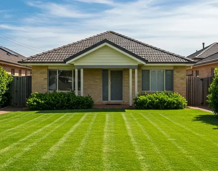 Well-maintained home lawn in Melbourne with freshly mowed grass and a suburban house in the background