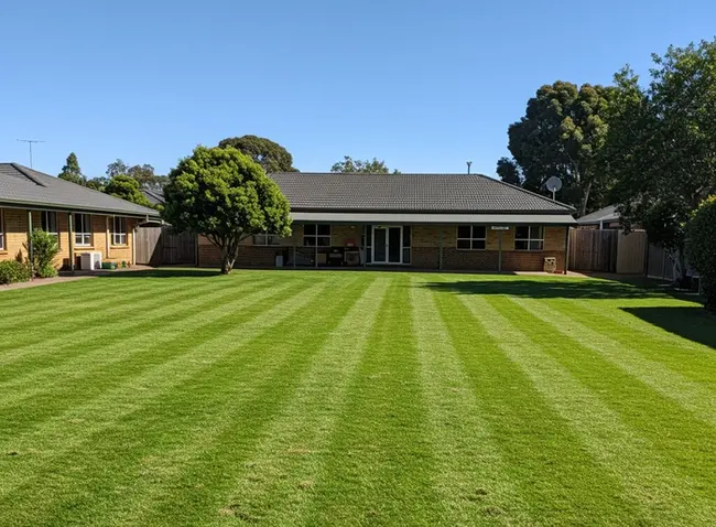 Well-maintained school lawn in Melbourne with freshly mowed grass and a modern school building in the background